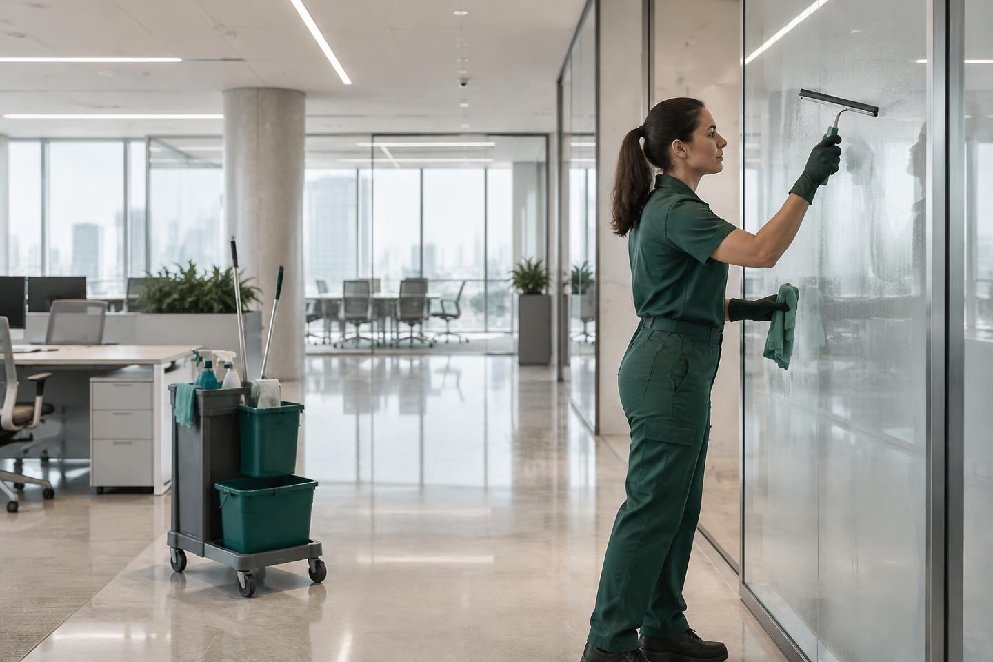 Cleaning professional caring for glass surfaces in a bright corporate office